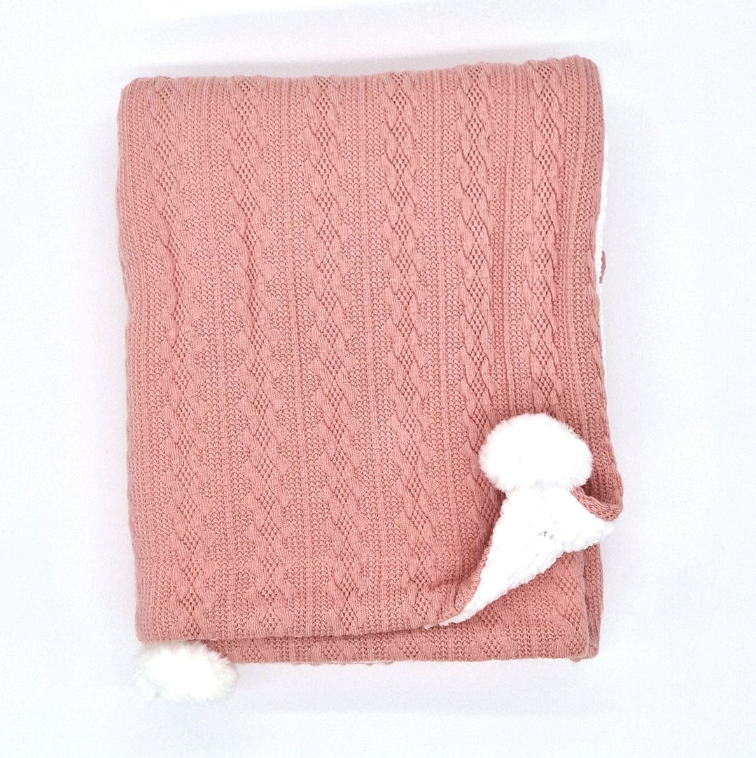 Personalised Embroidered Rose Pink Baby Knitted Pompom Blanket