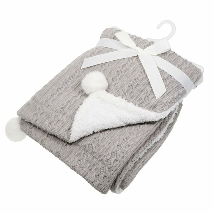 Grey Cable Knit Blanket W/ Pom Pom