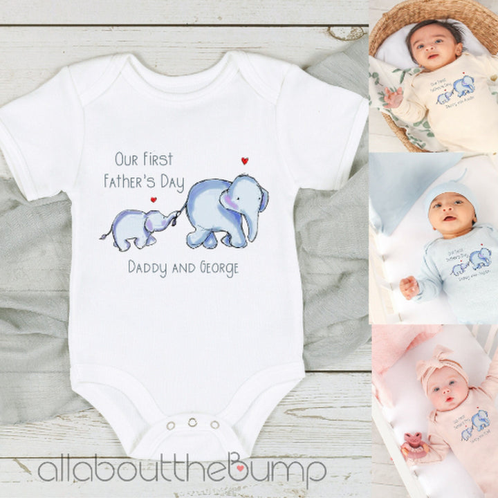 Our First Father's Day Elephants White, Blue, Pink & Beige Babygrow