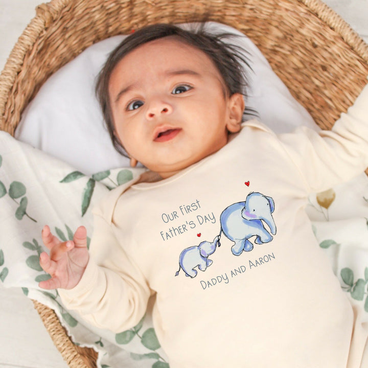 Our First Father's Day Elephants White, Blue, Pink & Beige Babygrow