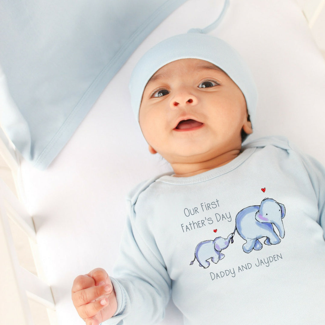 Our First Father's Day Elephants White, Blue, Pink & Beige Babygrow