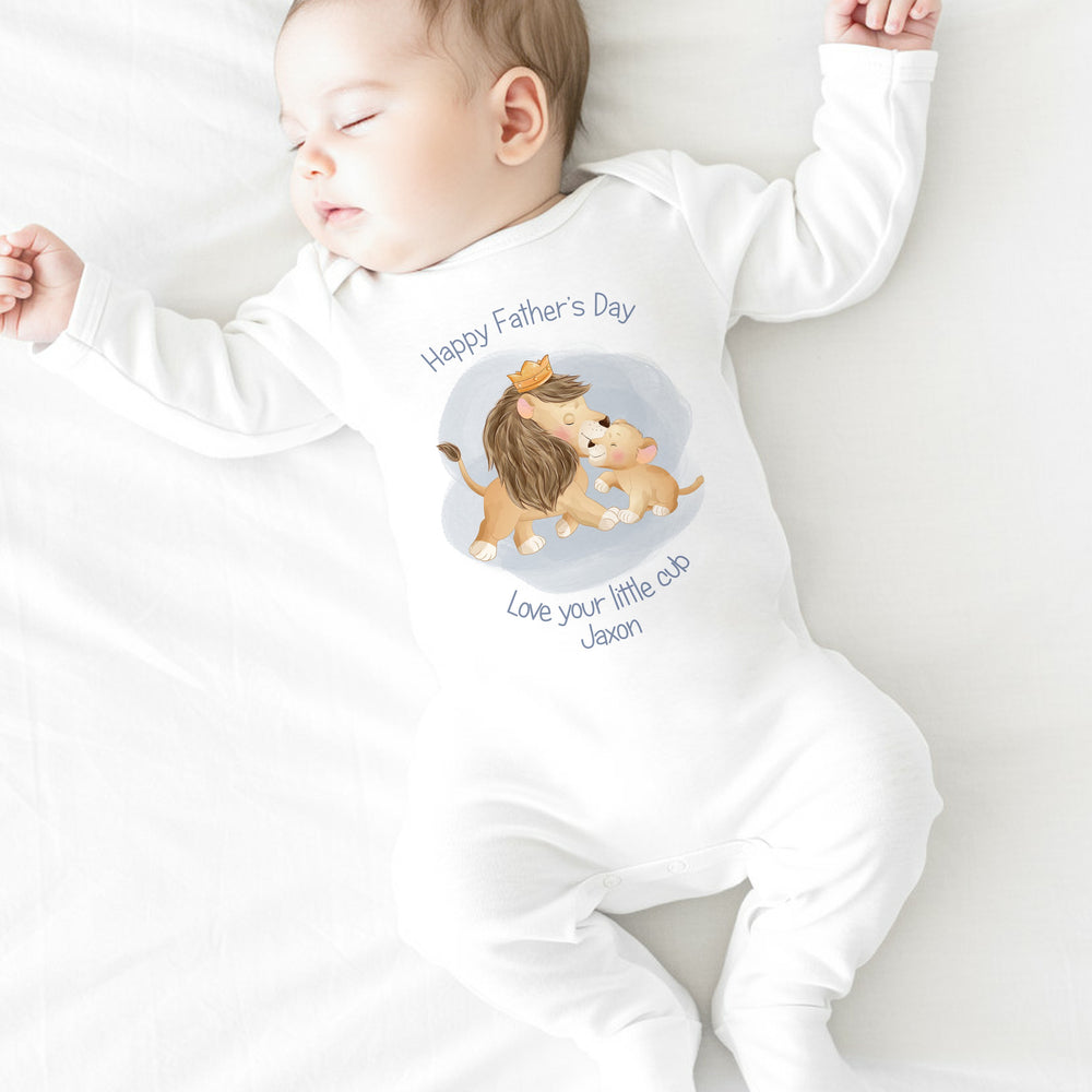 Personalised white Father's Day baby grow/sleepsuit that says 'Happy Father's Day Love your little cub Jaxon'. This design features a Lion and his cub