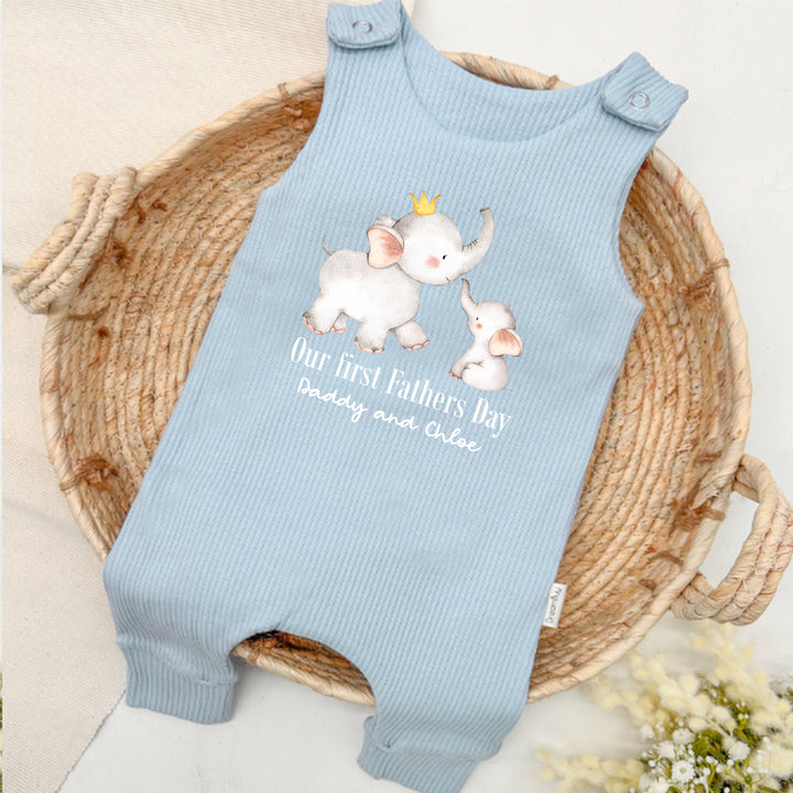 Personalised Grey Elephants First Father's Day Ribbed Dungarees