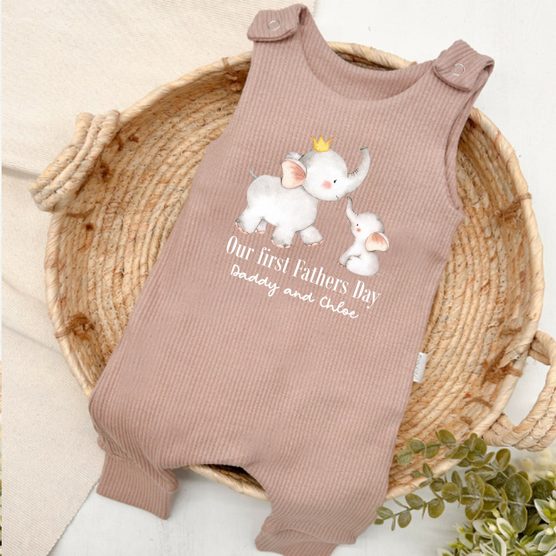 Personalised Grey Elephants First Father's Day Ribbed Dungarees