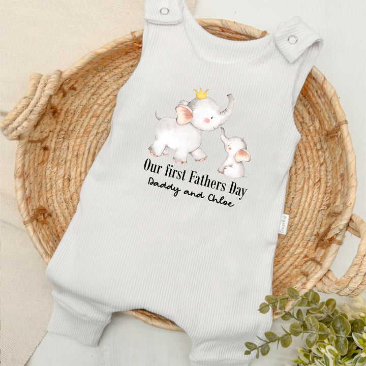 Personalised Grey Elephants First Father's Day Ribbed Dungarees