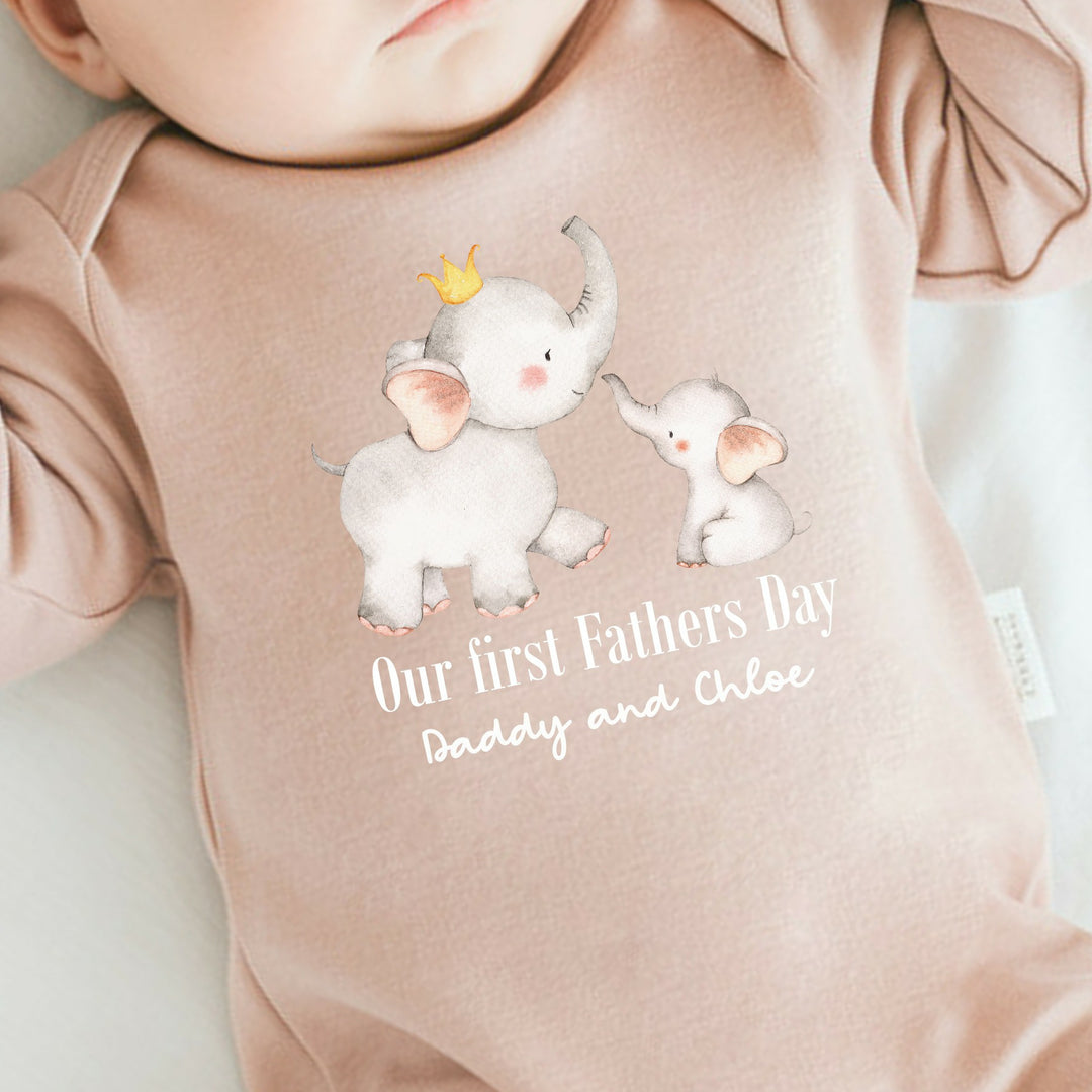 Personalised Our First Father's Day Grey Elephants Pink Babygrow