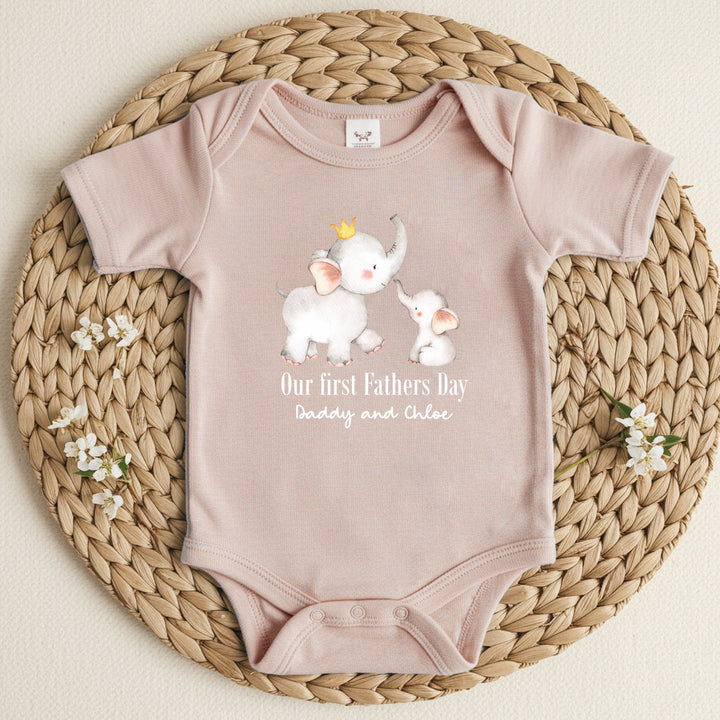 Personalised Our First Father's Day Grey Elephants Pink Babygrow