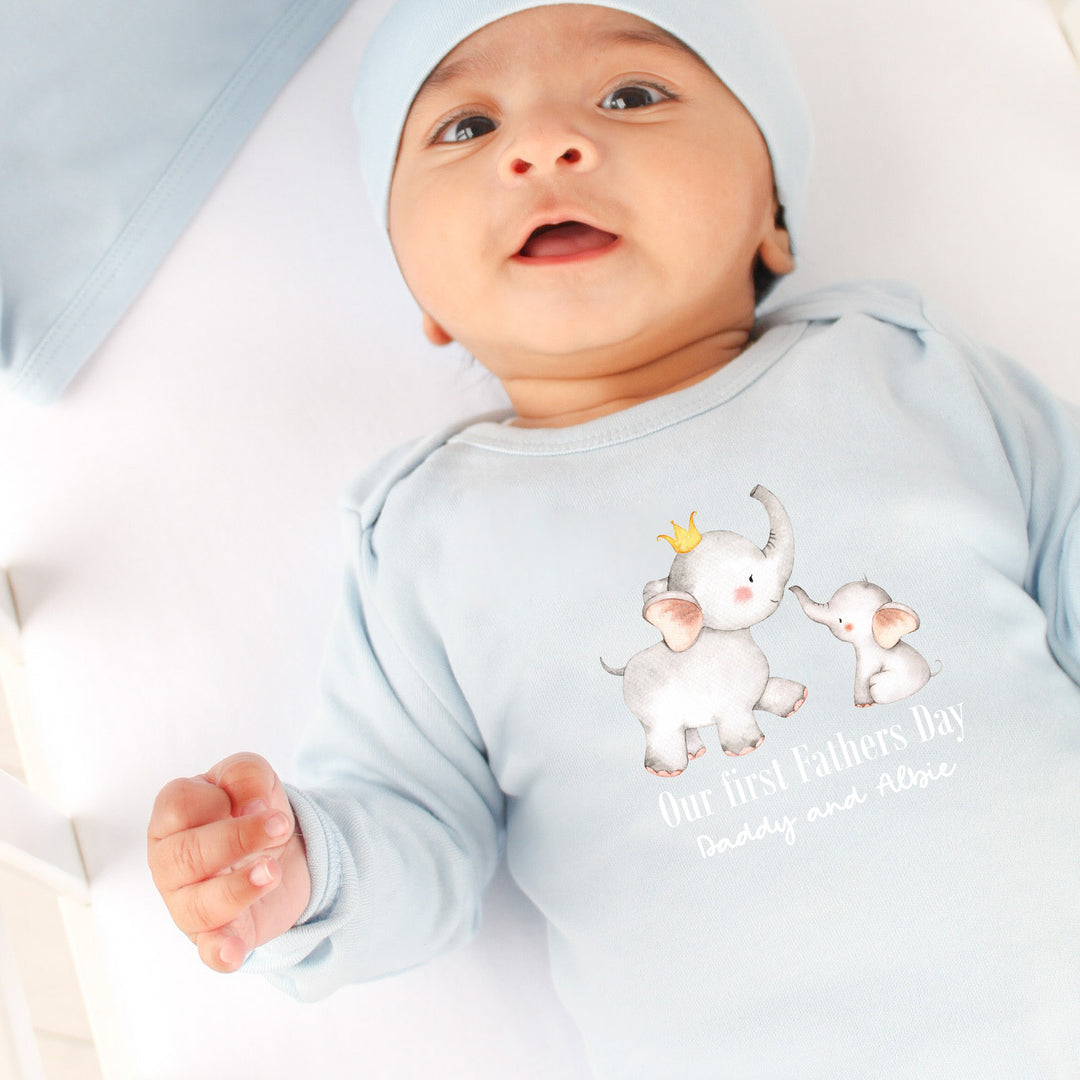 Personalised Grey Elephant First Father's Day Babygrow