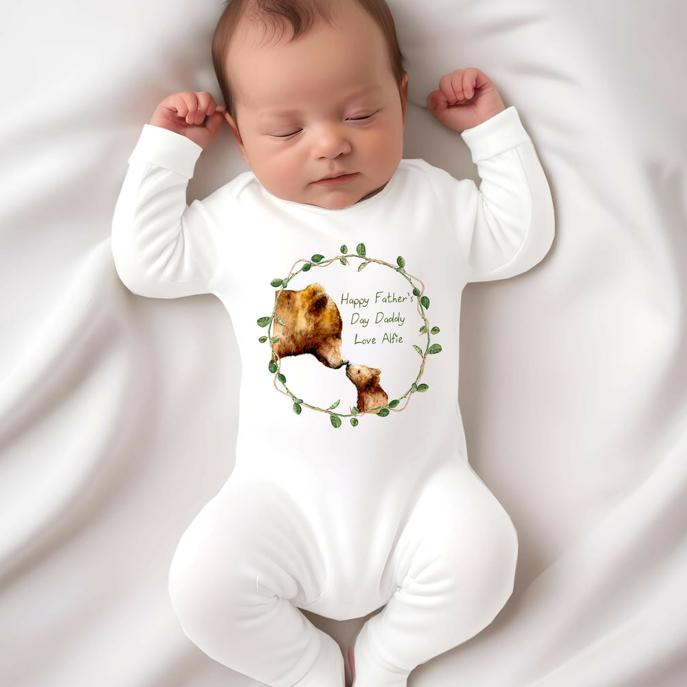 Personalised white Father's Day baby grow/sleepsuit that says 'Happy Father's Day Daddy Love Alfie'. This design features 2 brown bears