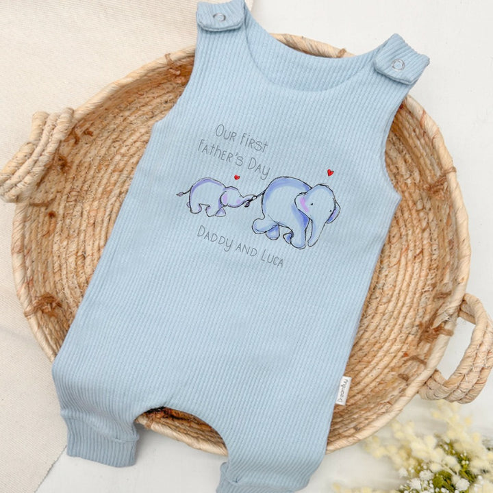 Personalised Blue Elephant First Father's Day Ribbed Dungarees