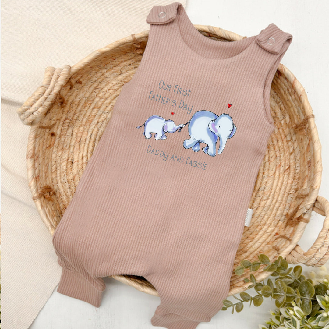 Personalised Blue Elephant First Father's Day Ribbed Dungarees