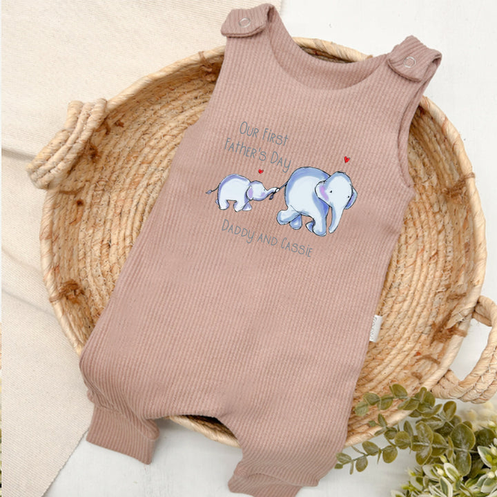 Personalised Blue Elephant First Father's Day Ribbed Dungarees