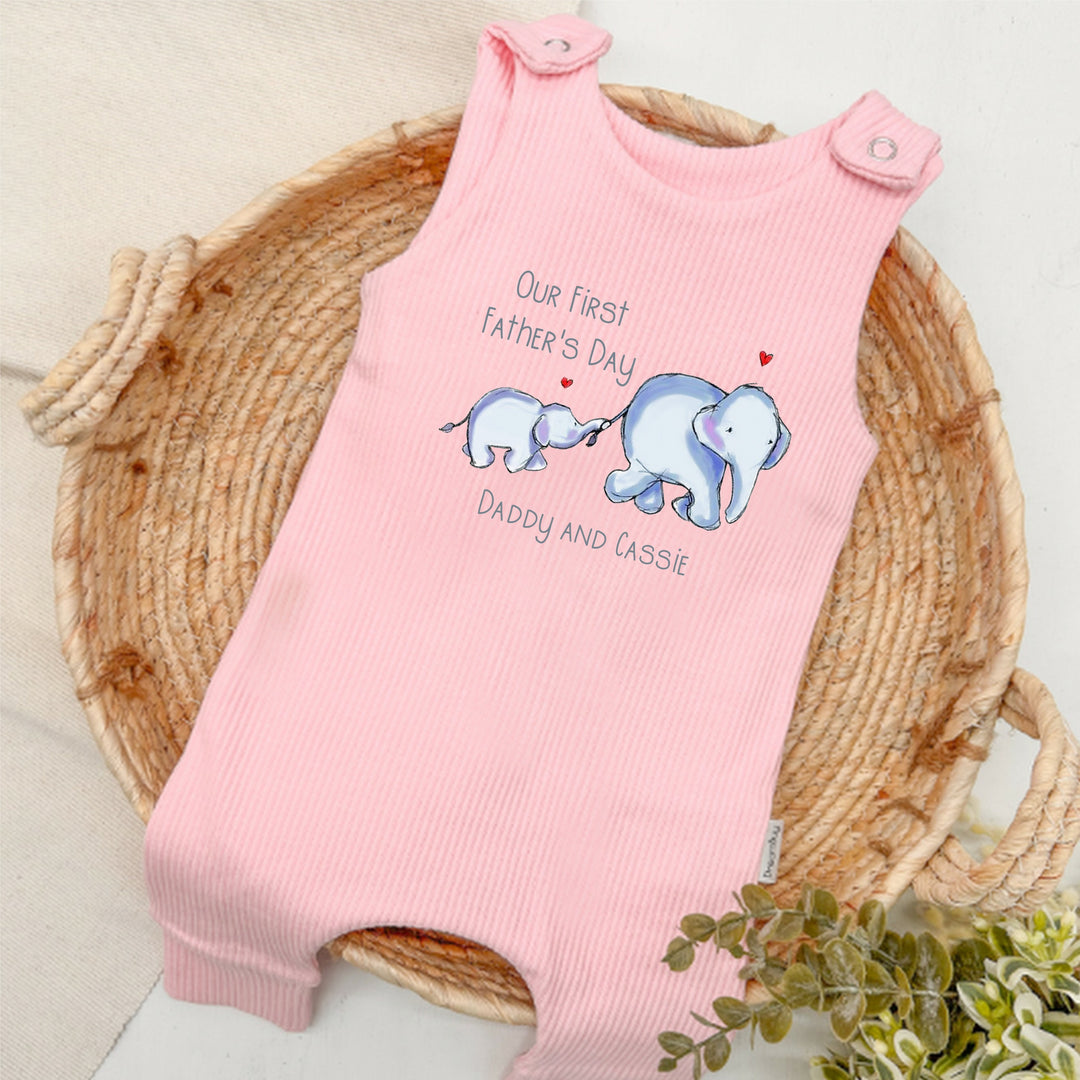 Personalised Blue Elephant First Father's Day Ribbed Dungarees