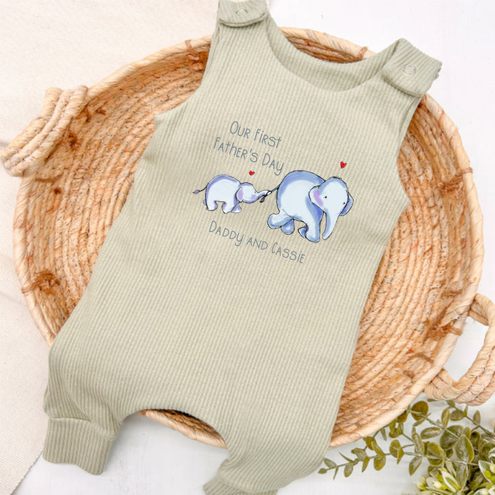 Personalised Blue Elephant First Father's Day Ribbed Dungarees