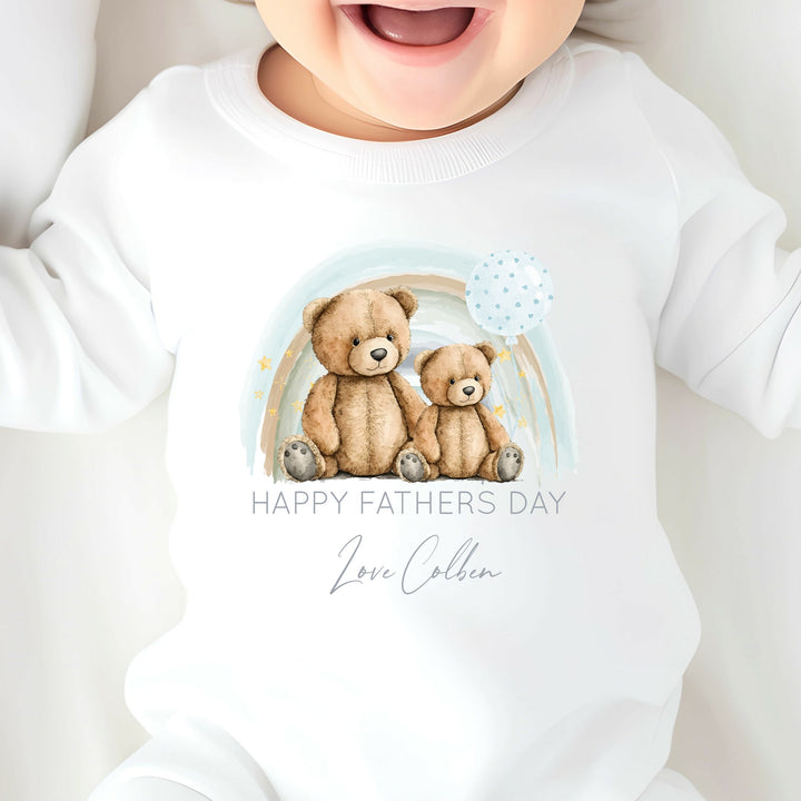 Personalised Our First Father's Day Blue Bear Rainbow Babygrow/Vest