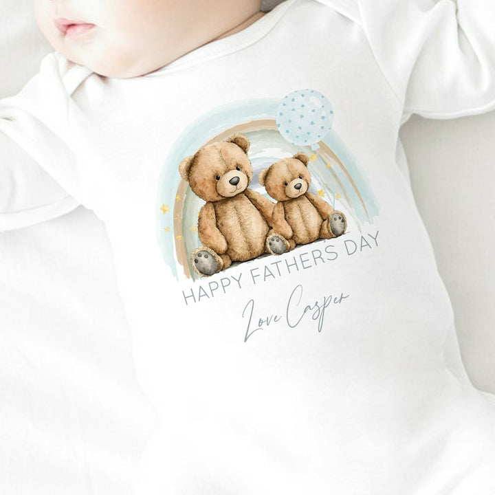 Personalised Blue Teddy Bear Rainbow First Father's Day Babygrow/Vest