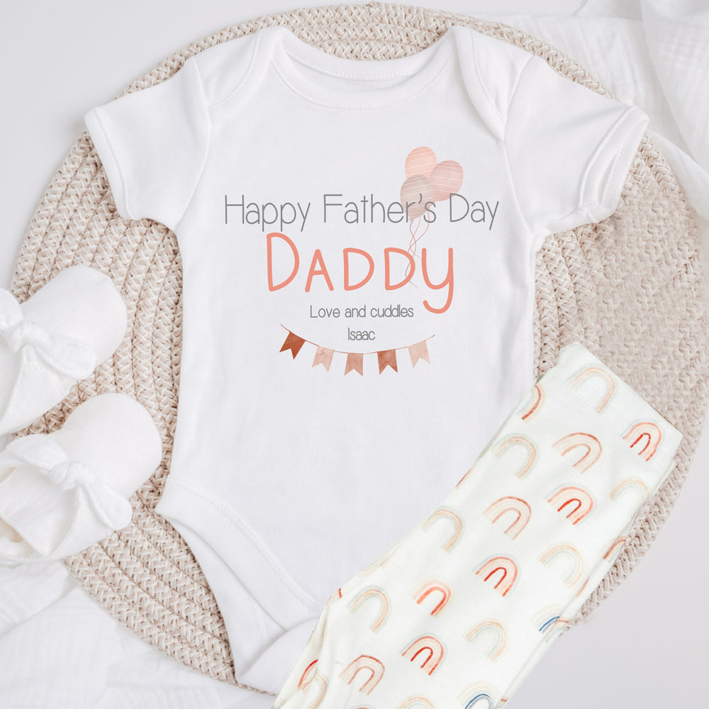 Personalised white Father's Day baby vest that says 'Happy Father's Day Daddy Love and Cuddle Issac'. This design features a red bunting and balloon