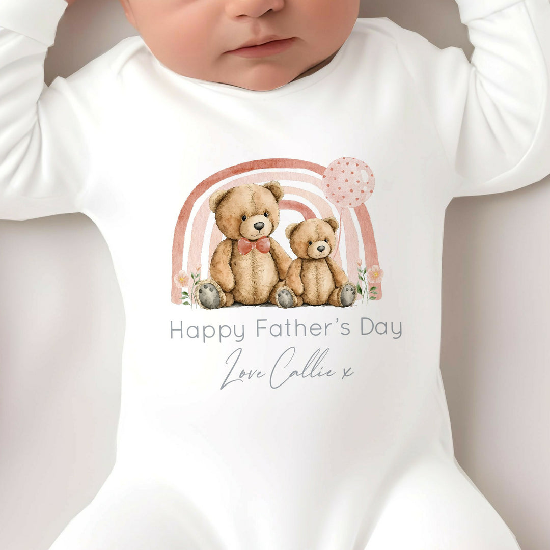 Personalised Pink Teddy Rainbow Happy Father's Day Babygrow/Vest