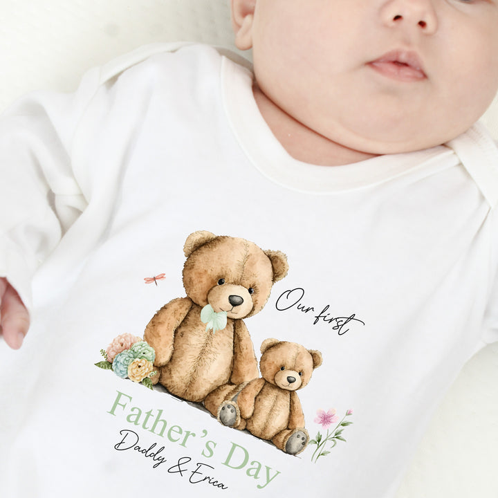 Personalised Our First Father's Day Green Teddy Bear Babygrow/Vest