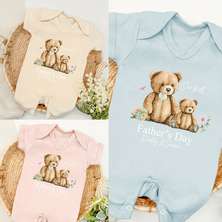 Our First Father's Day Sage Teddy Bear Romper Pink, Blue & Beige