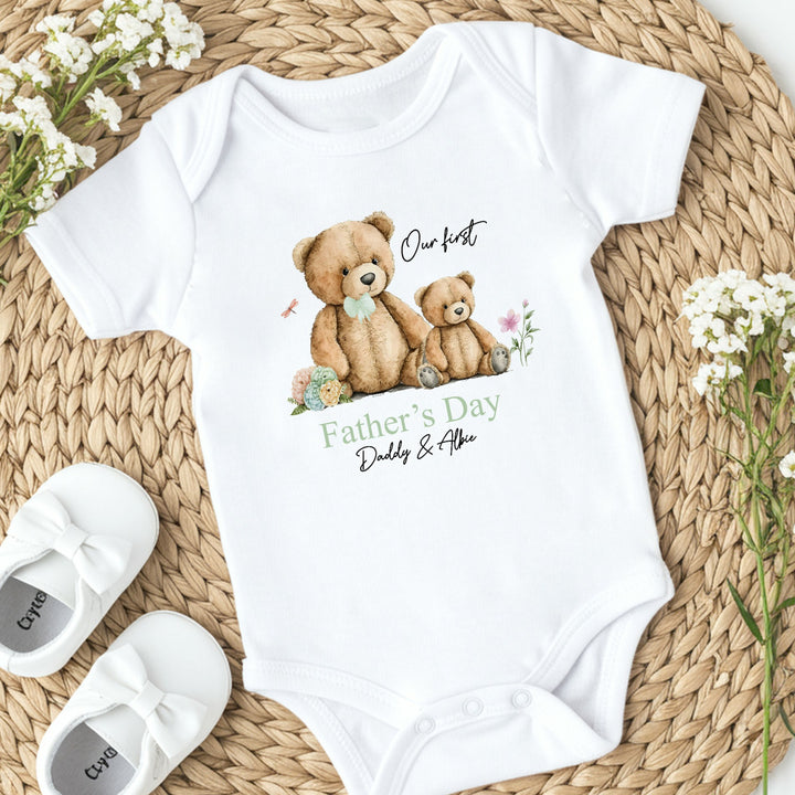 Personalised Sage Green Teddy First Father's Day Babygrow/Vest