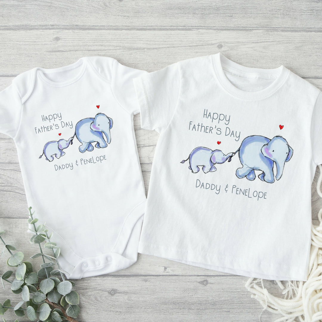 Personalised Our First Father's Day Blue Elephant T-shirt & Babygrow/Baby Vest