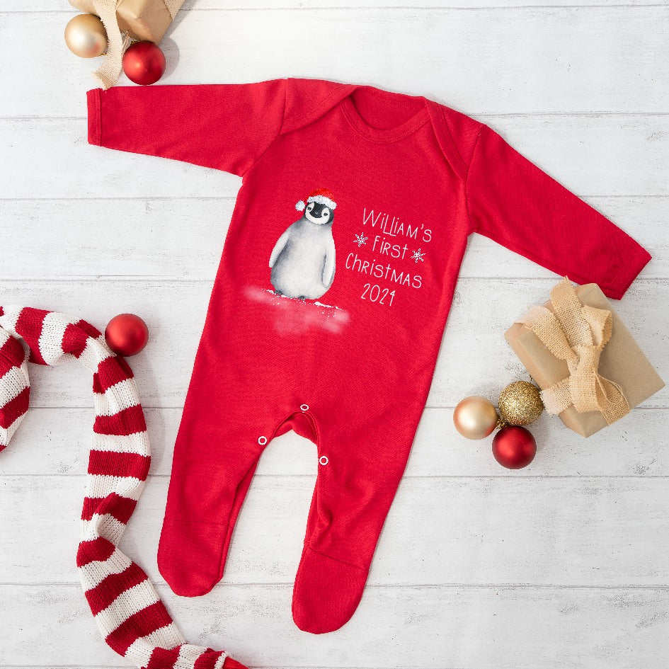 Festive Penguin First Christmas Personalised Baby Outfit