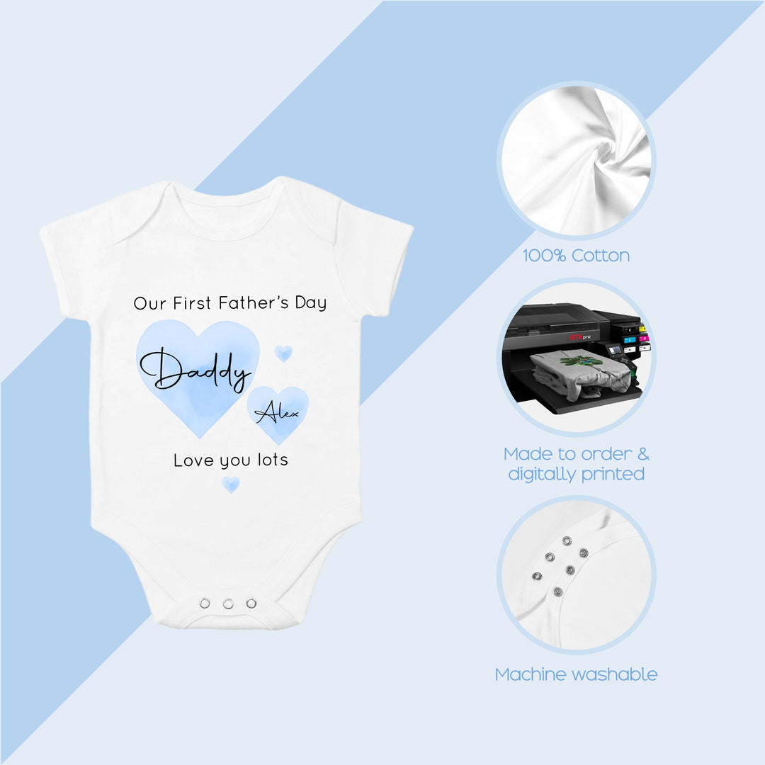 Personalised Blue Hearts Our First Father's Day Babygrow/Vest