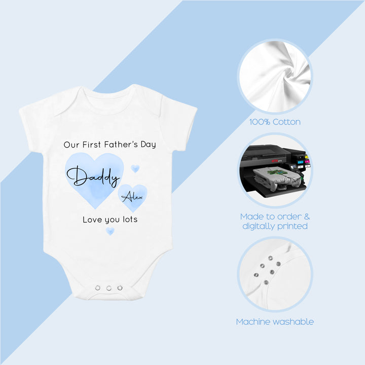 Personalised Blue Hearts Our First Father's Day Babygrow/Vest