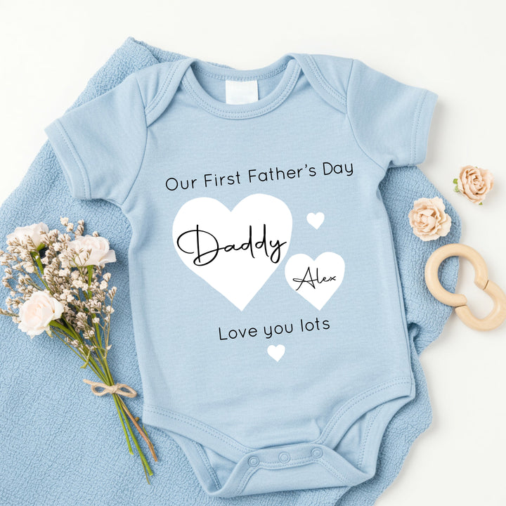 Personalised White Hearts Father's Day Blue Babygrow/Vest