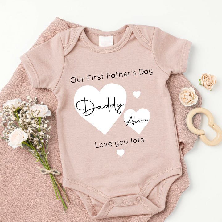 Personalised White Hearts Father's Day Pink Babygrow/Vest