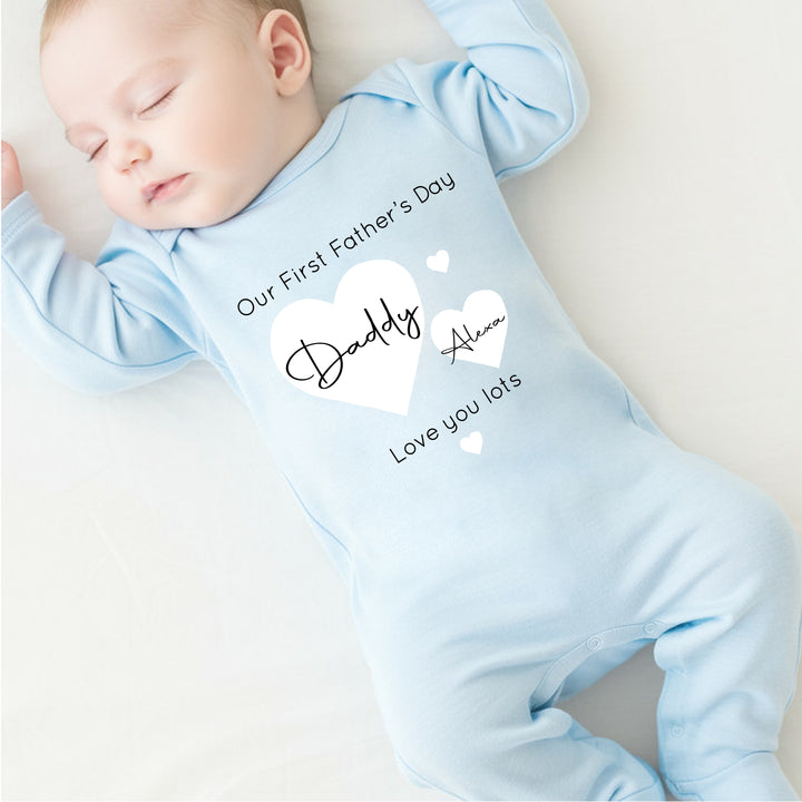 Personalised White Hearts Father's Day Blue Babygrow/Vest