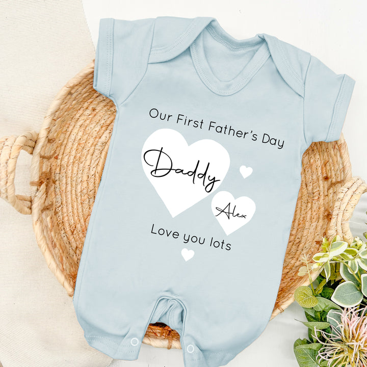 Personalised White Hearts Father's Day Blue Babygrow/Vest