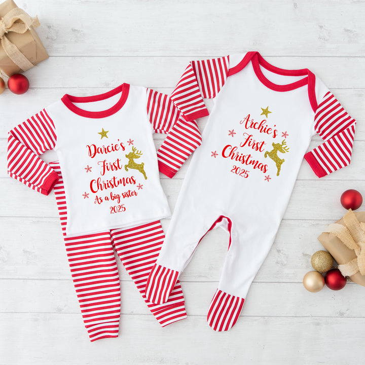 Personalised First Christmas Matching Sibling Babygrow/Pyjama Set