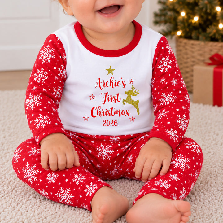 Personalised Gold Reindeer My First Christmas Snowflake Pyjamas