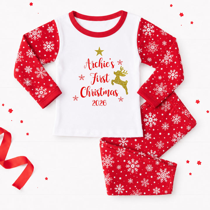 Personalised Gold Reindeer My First Christmas Snowflake Pyjamas