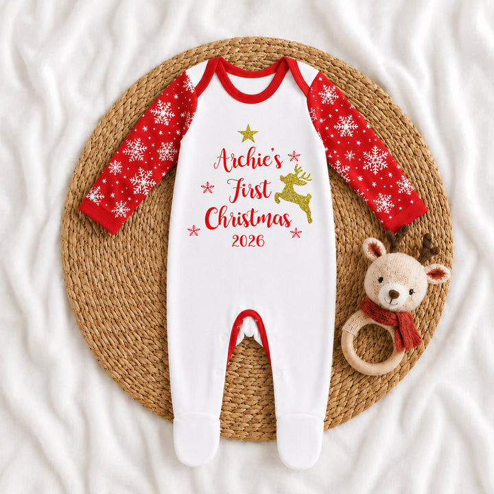 Personalised Gold Reindeer Our First Christmas Snowflake Sibling Matching Pyjamas or Baby Grow