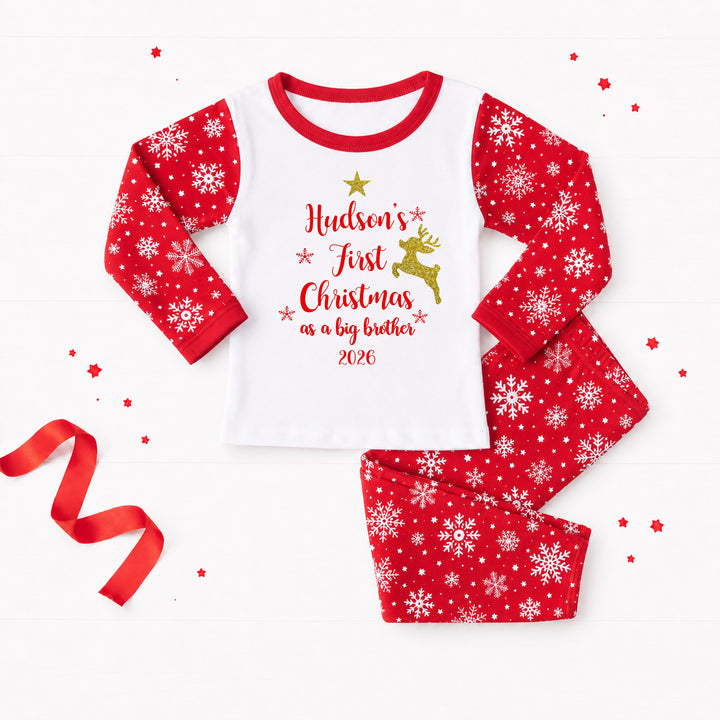 Personalised Gold Reindeer Our First Christmas Snowflake Sibling Matching Pyjamas or Baby Grow