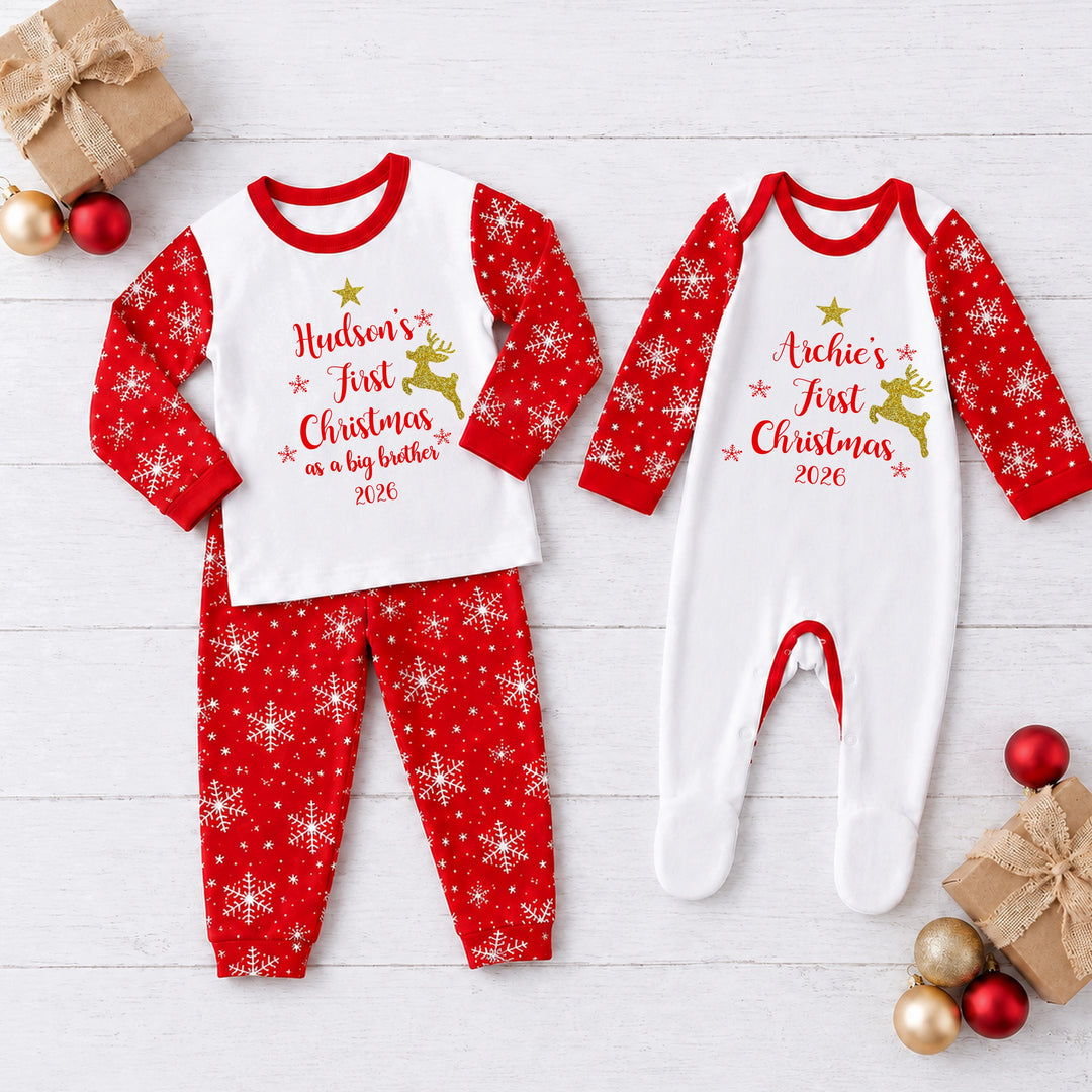 Personalised Gold Reindeer Our First Christmas Snowflake Sibling Matching Pyjamas or Baby Grow