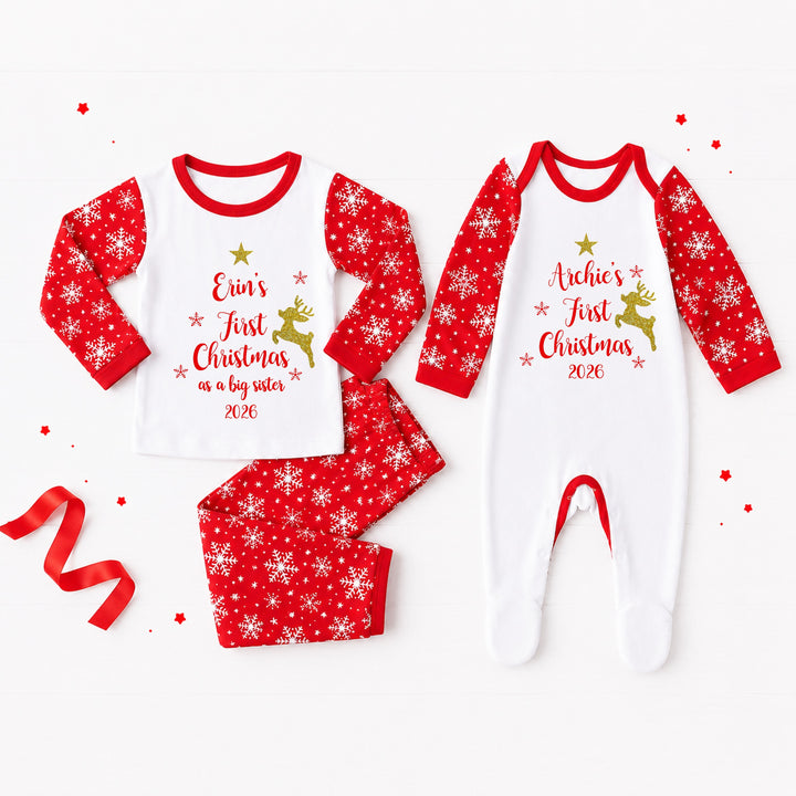 Personalised Gold Reindeer Our First Christmas Snowflake Sibling Matching Pyjamas or Baby Grow