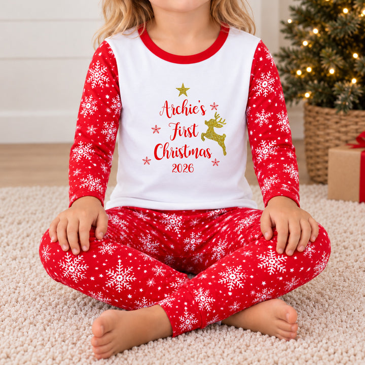 Personalised Gold Reindeer My First Christmas Snowflake Pyjamas