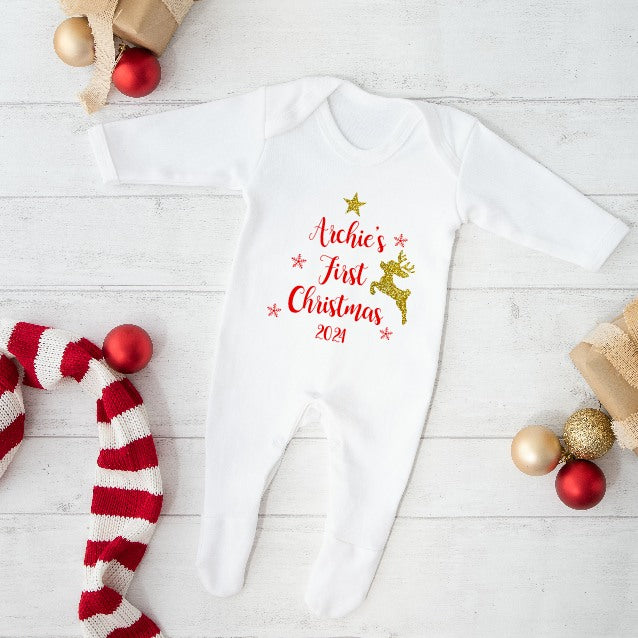 Personalised First Christmas White Babygrow/Bib