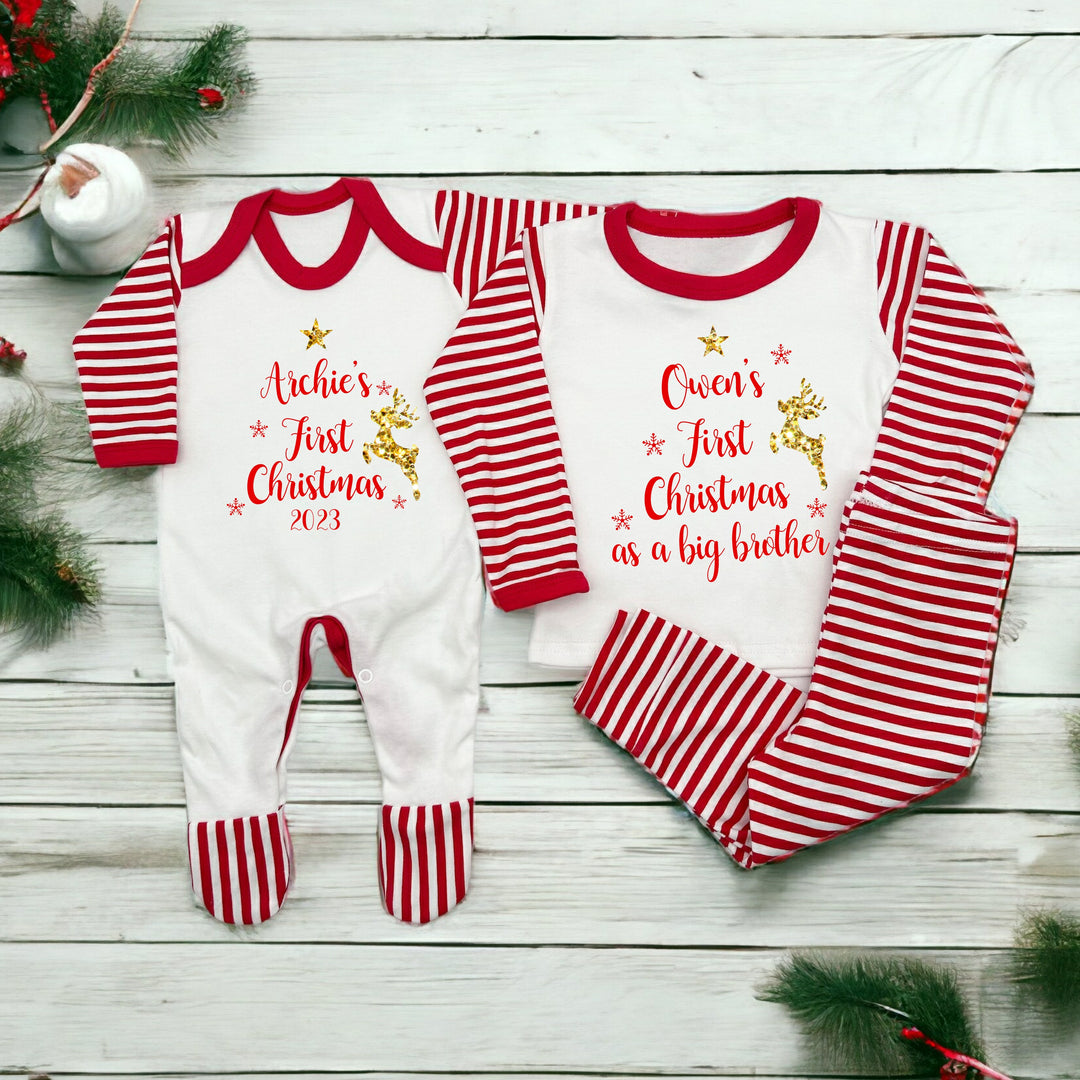 Personalised First Christmas Matching Sibling Babygrow/ Pyjama Set