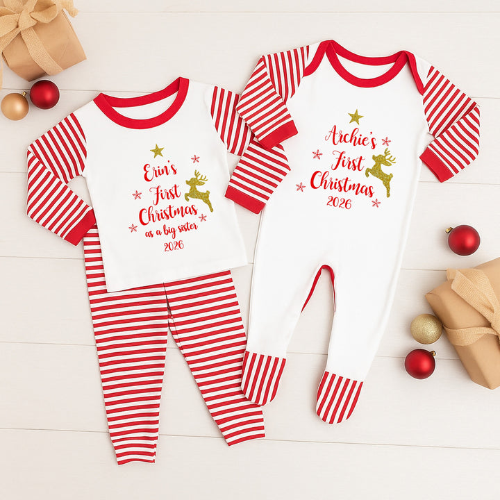 Personalised Gold Reindeer Our First Christmas Sibling Matching Pyjamas or Baby Grow