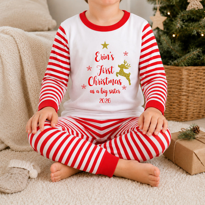 Personalised Gold Reindeer Our First Christmas Sibling Matching Pyjamas or Baby Grow