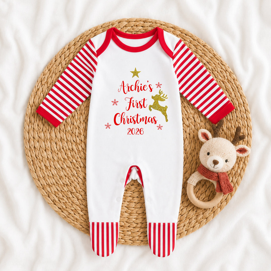 Personalised Gold Reindeer Our First Christmas Sibling Matching Pyjamas or Baby Grow