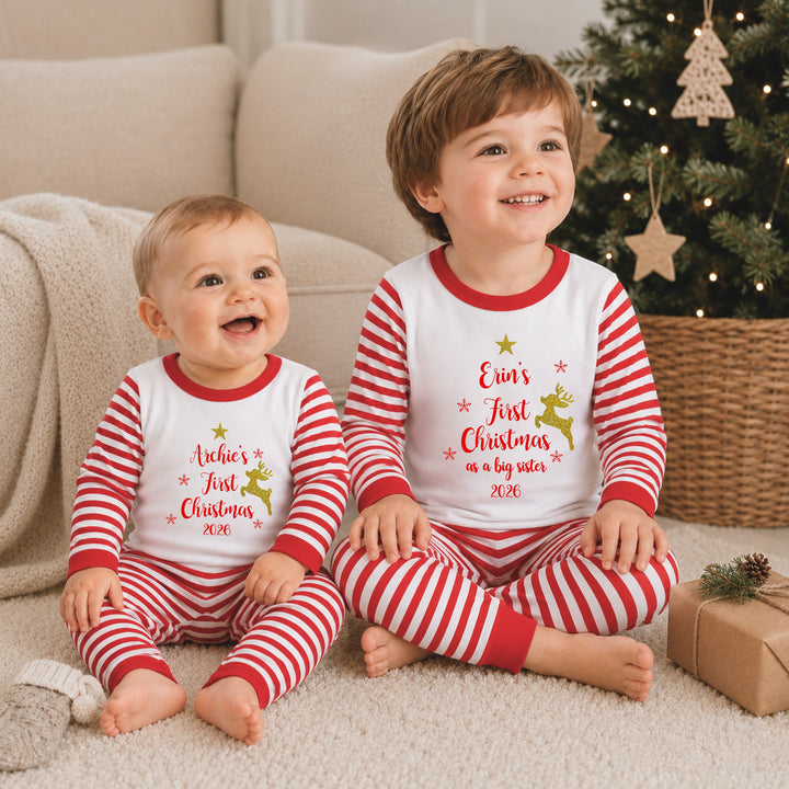 Personalised Gold Reindeer Our First Christmas Sibling Matching Pyjamas or Baby Grow