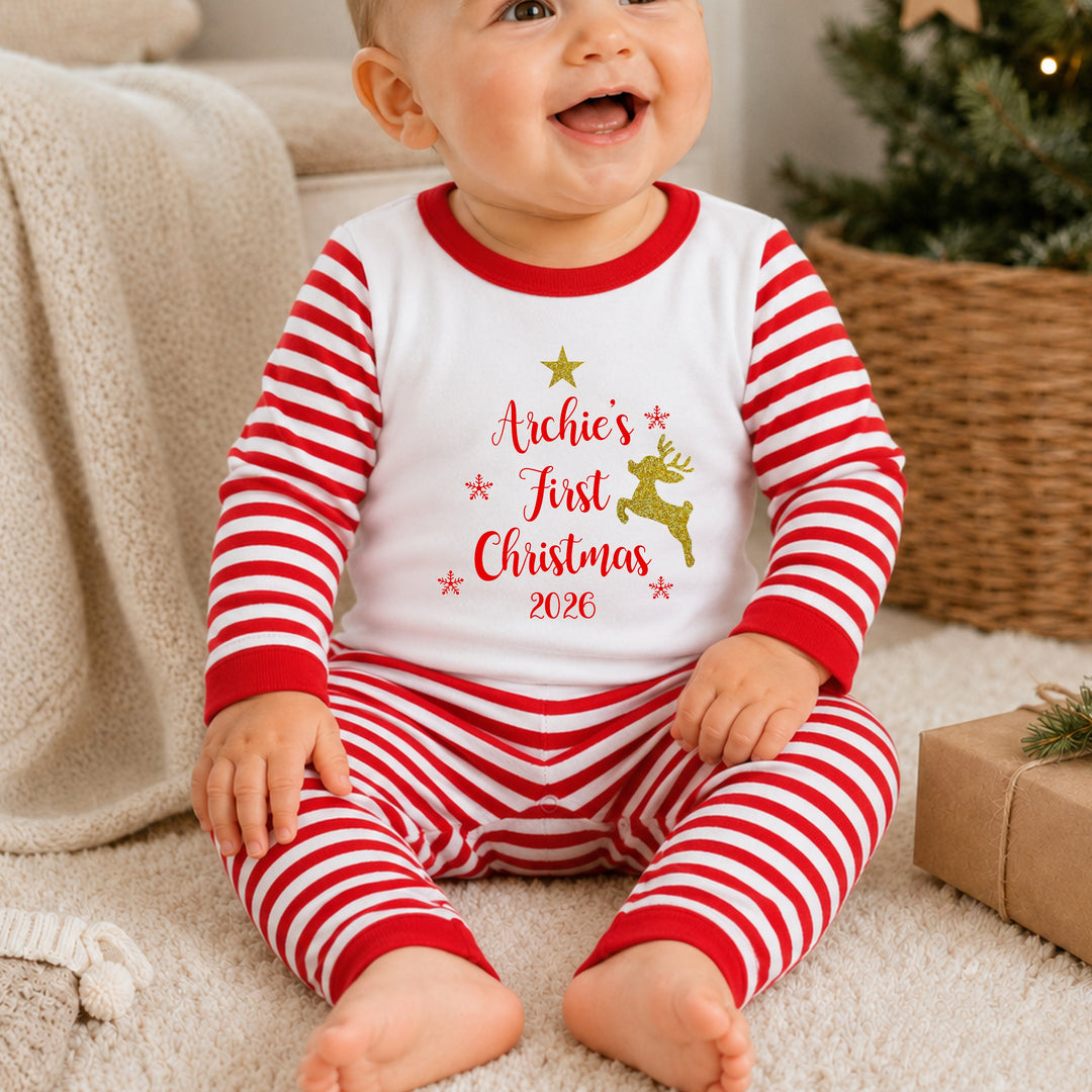 Personalised Gold Reindeer Our First Christmas Sibling Matching Pyjamas or Baby Grow