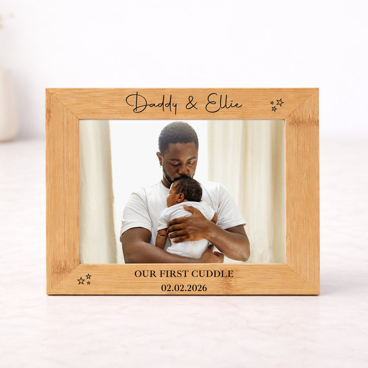 Personalised Our First Cuddle Engraved Bamboo Photo Frame