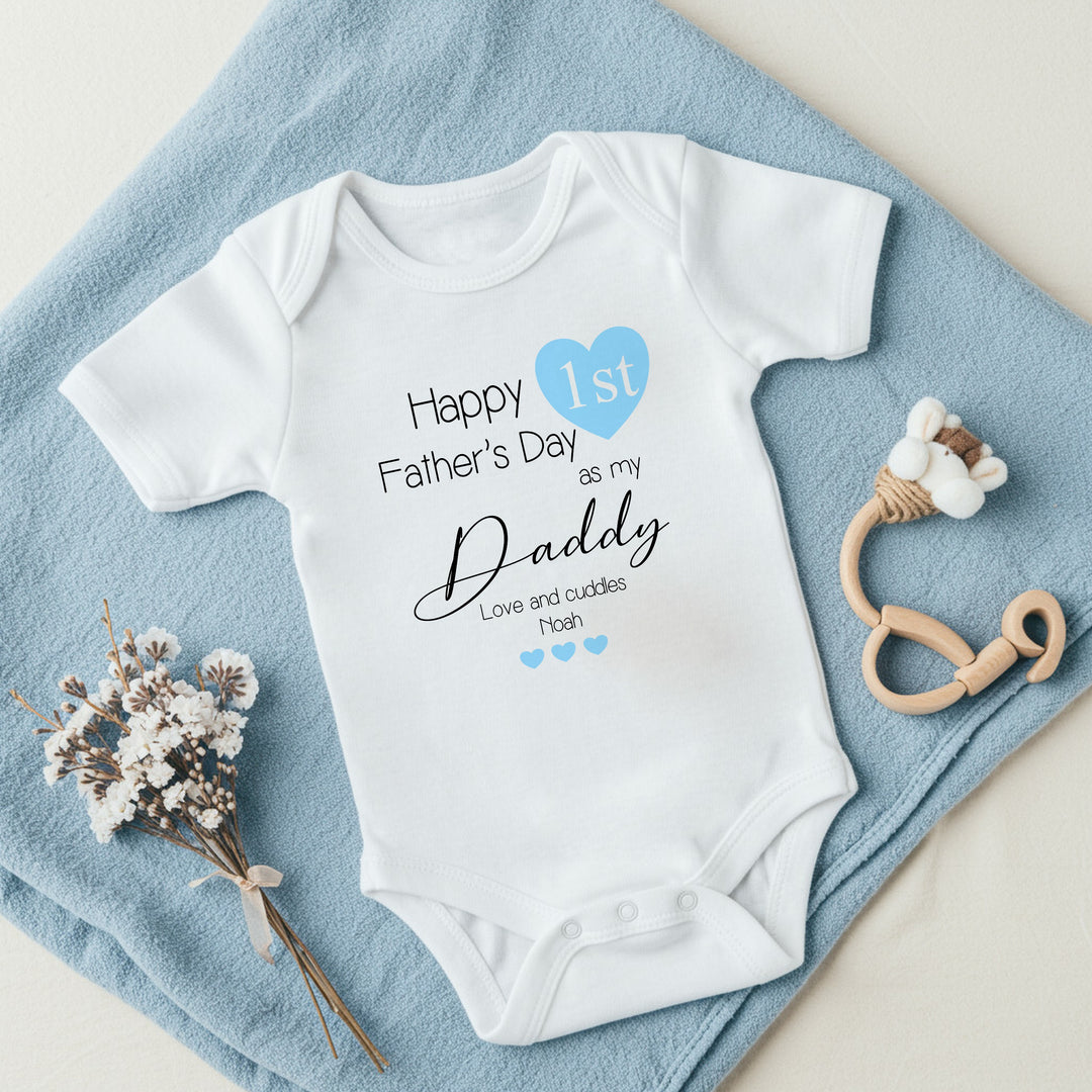 Personalised Blue Heart Happy 1st Father's Day Daddy Babygrow/Vest